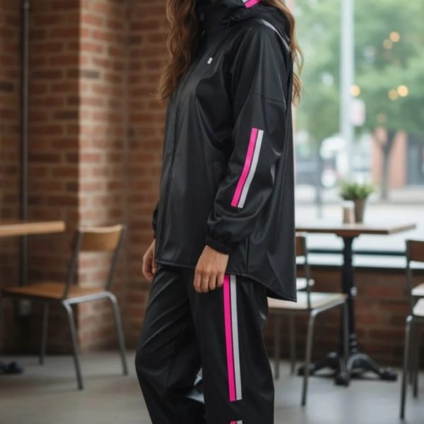 Kadınlara Özel Pembe Şeritli ve Reflektörlü %100 Su Geçirmez Motorcu Yağmurluğu Alt Üst Takım